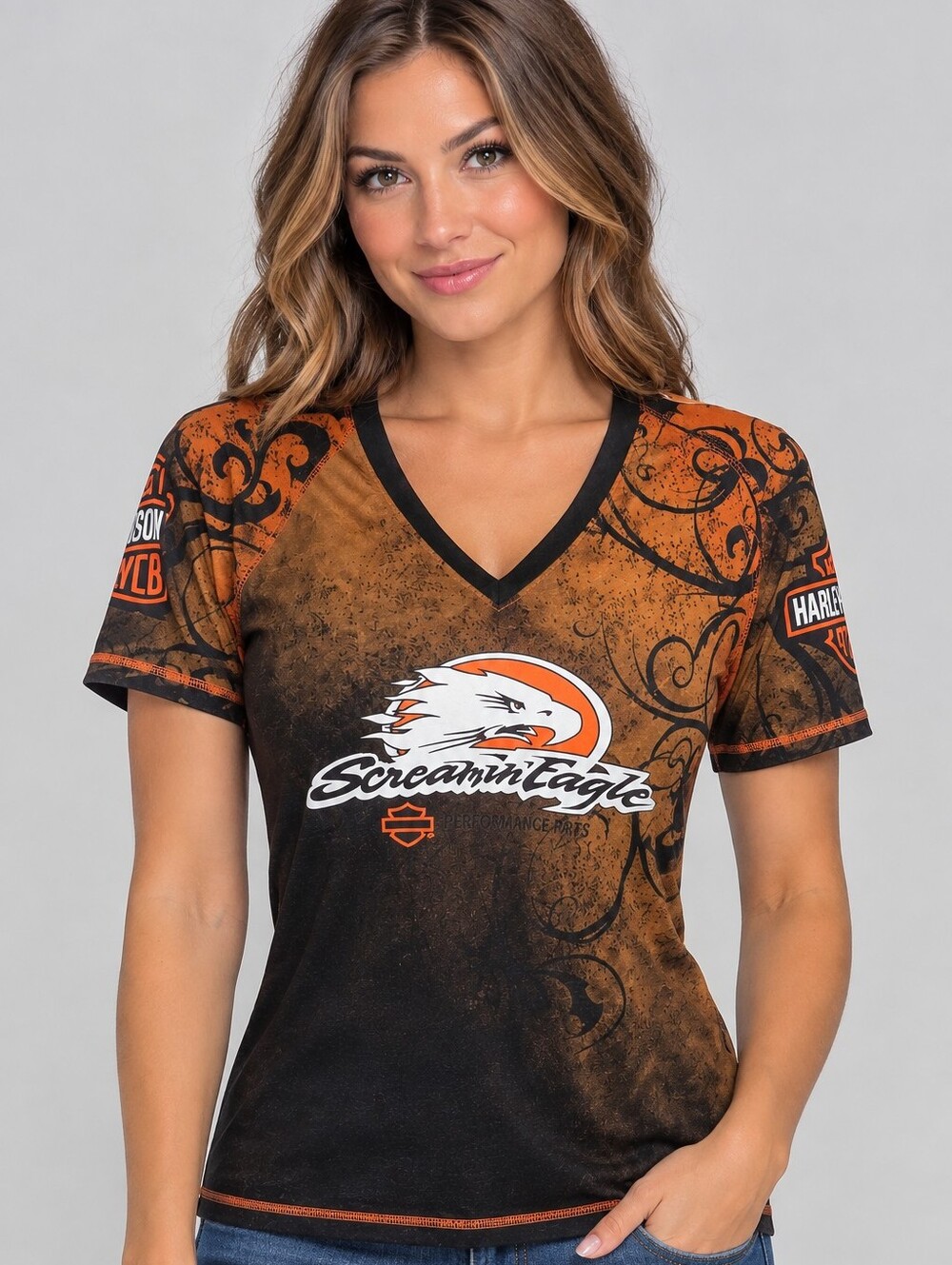 Harley-Davidson Screamin' Eagle V-Neck Tee - Brown, Black & Orange Vintage